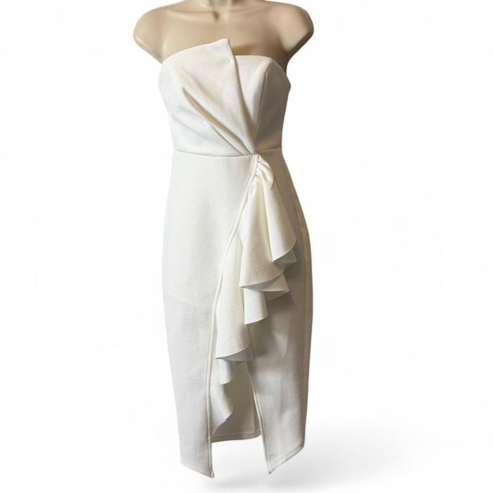 Billy J White Strapless Asymmetrical Ruffle Midi Dress, Women's Size 6